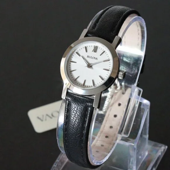 Bulova Ladies Dress Watch Two Hander Silver Dial Black Leather Strap 24mm - Picture 4 of 13